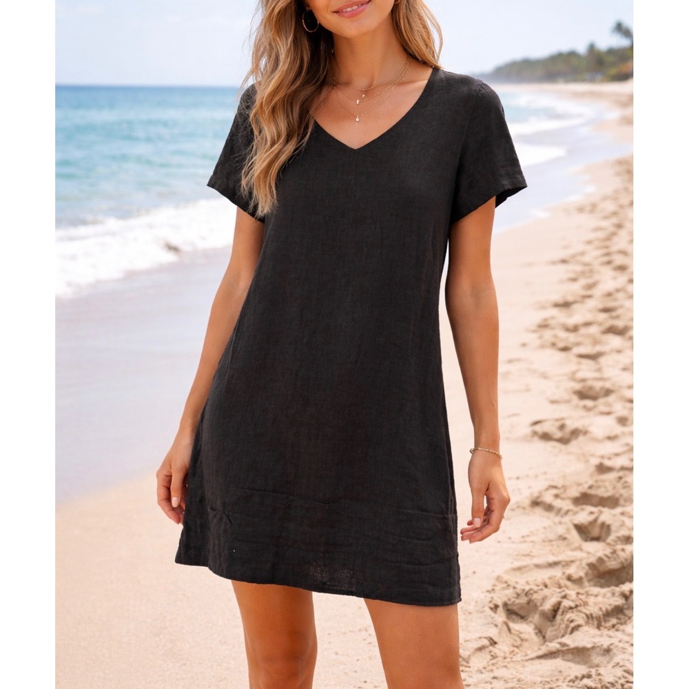 Nicole Miller XL Womens Linen Black Pullover Hem Tuck Shift Dress Casual Beachy